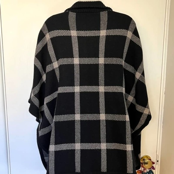 KINROSS LUXE 100% CASHMERE BLACK & SUEDE PLAID ZIP MOCK PONCHO OS ONE SIZE - Picture 12 of 14